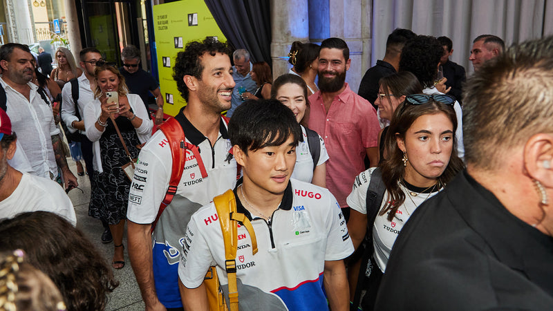 Formula 1 drivers Daniel Ricciardo and Yuki Tsunoda in Milan for Piquadro