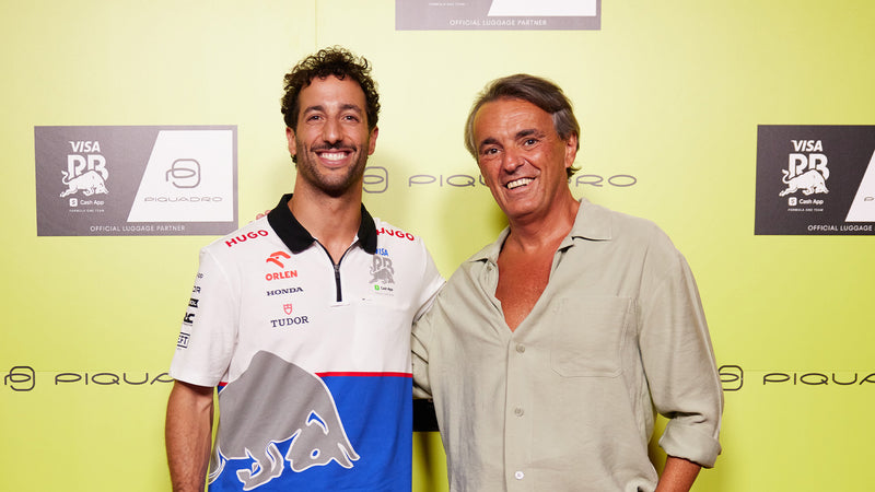 Marco Palmieri, founder of Piquadro, and Daniel Ricciardo, F1 driver for RC, at the Piquadro event in Milan