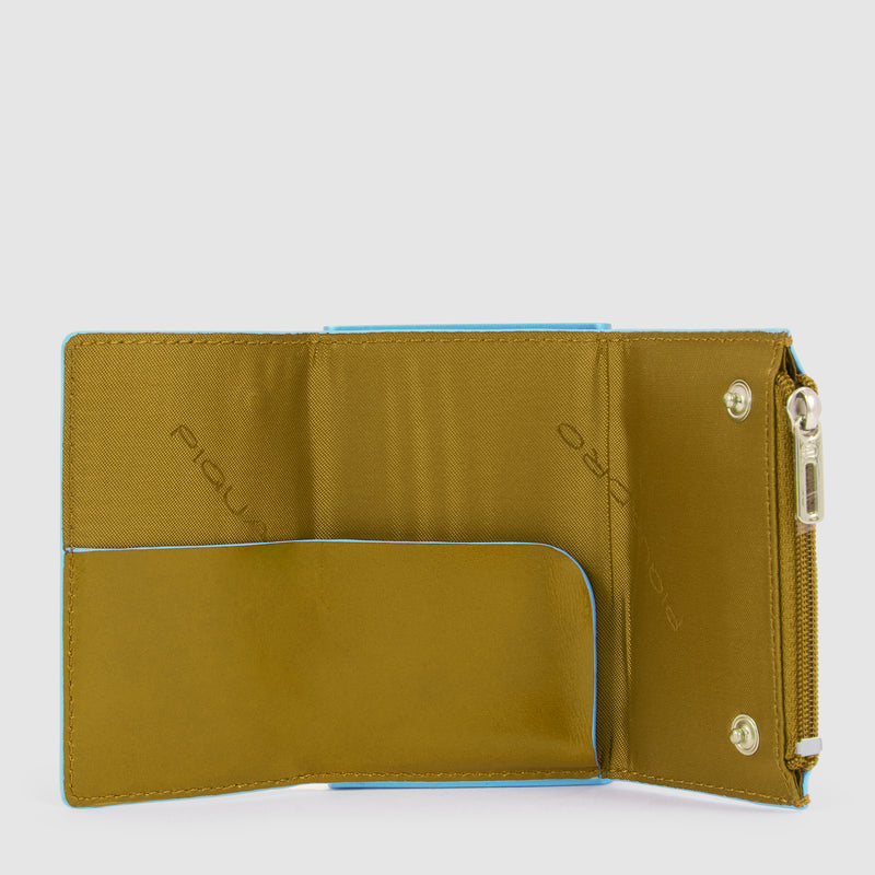 Compact wallet with sliding system and coin pocket