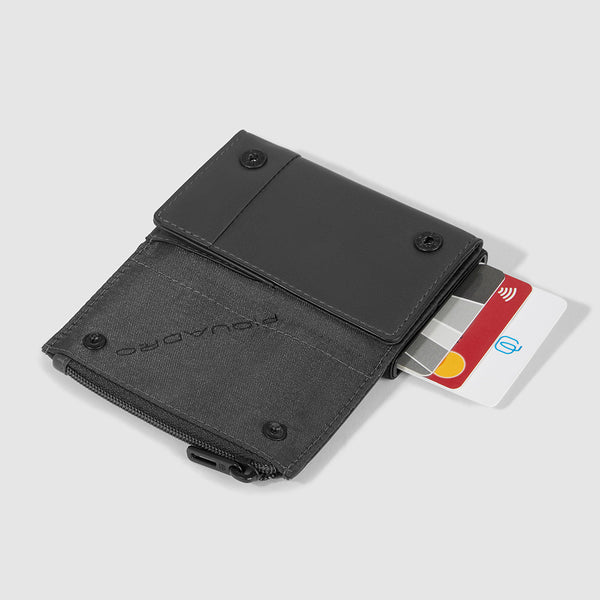 Compact wallet with sliding system and coin pocket