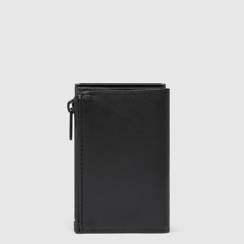 Compact wallet with sliding system and coin pocket